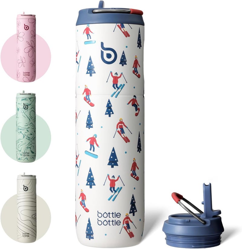 bottle bottle Insulated Water Bottle 24oz with Straw Lid and Handle for Sports Travel Gym Stainless Steel Water Bottles Double-Wall Vacuum Metal Leak Proof BPA-Free (Skiing) - Image 1