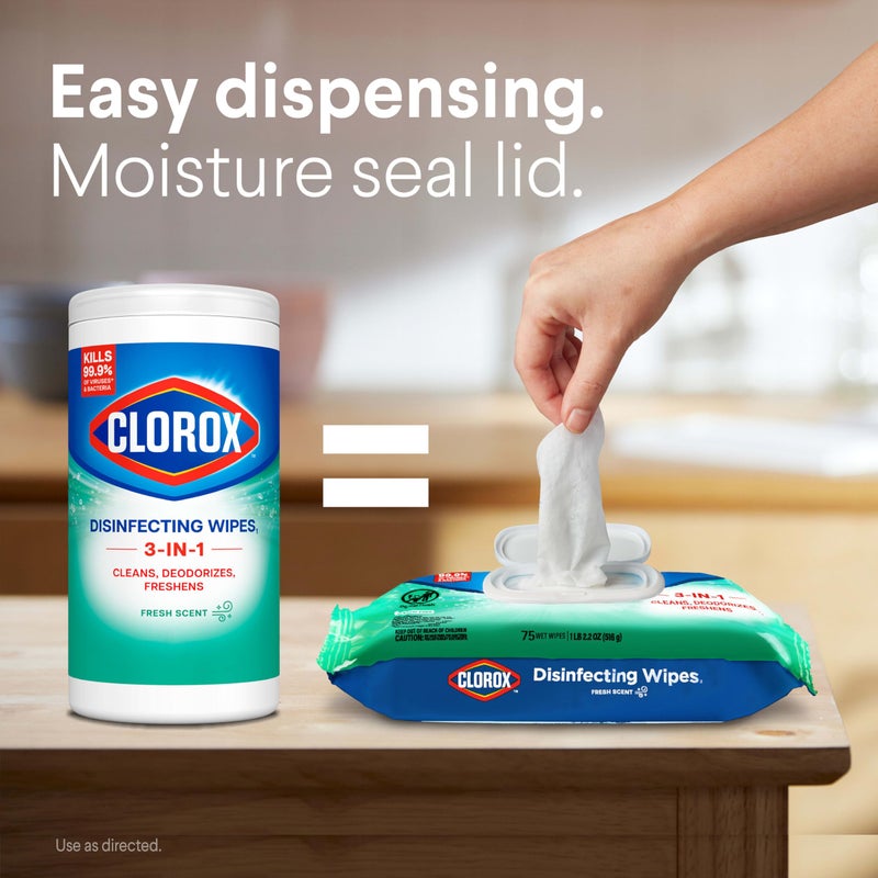 Clorox مناديل كلوركس المطهرة، مناديل تنظيف خالية من المبيض، مستلزمات منزلية، رائحة منعشة، غطاء محكم الرطوبة، 75 منديل، عبوة من 3 (تغليف جديد) - Image 4