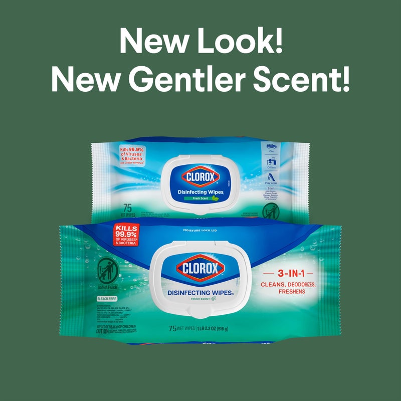 Clorox مناديل كلوركس المطهرة، مناديل تنظيف خالية من المبيض، مستلزمات منزلية، رائحة منعشة، غطاء محكم الرطوبة، 75 منديل، عبوة من 3 (تغليف جديد) - Image 2