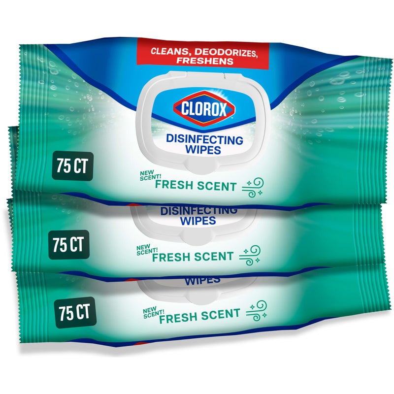 Clorox مناديل كلوركس المطهرة، مناديل تنظيف خالية من المبيض، مستلزمات منزلية، رائحة منعشة، غطاء محكم الرطوبة، 75 منديل، عبوة من 3 (تغليف جديد) - Image 1