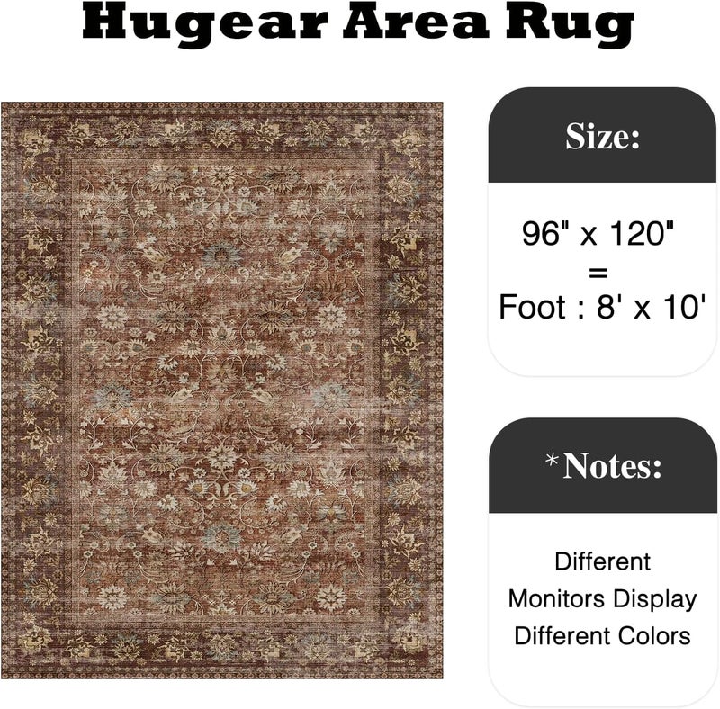 HUGEAR 8x10 Machine Washable Rugs Brick Red Hallway Large Area Rug Indoor Accent Rug Floral Low Pile Carpet Soft Throw Aesthetic Rug Bedroom Living Room Office Dining Room Kitchen Laundry Room - Image 2