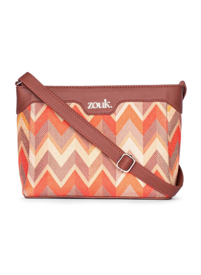ZOUK حقيبة كتف زوك برتقالية اللون مصنوعة من الجلد النباتي بنقشة موجة المد والجزر، مزودة بحزام قابل للتعديل، مناسبة للنساء والفتيات. - Image 1