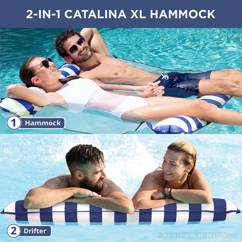 Aqua Leisure Aqua 2-in-1 Catalina XL Pool Float & Water Hammock – 1-2 Person, Multi-Purpose Inflatable Pool Floats for Adults – Patented Thick, Non-Stick PVC Material – Navy/White Stripe - Image 3