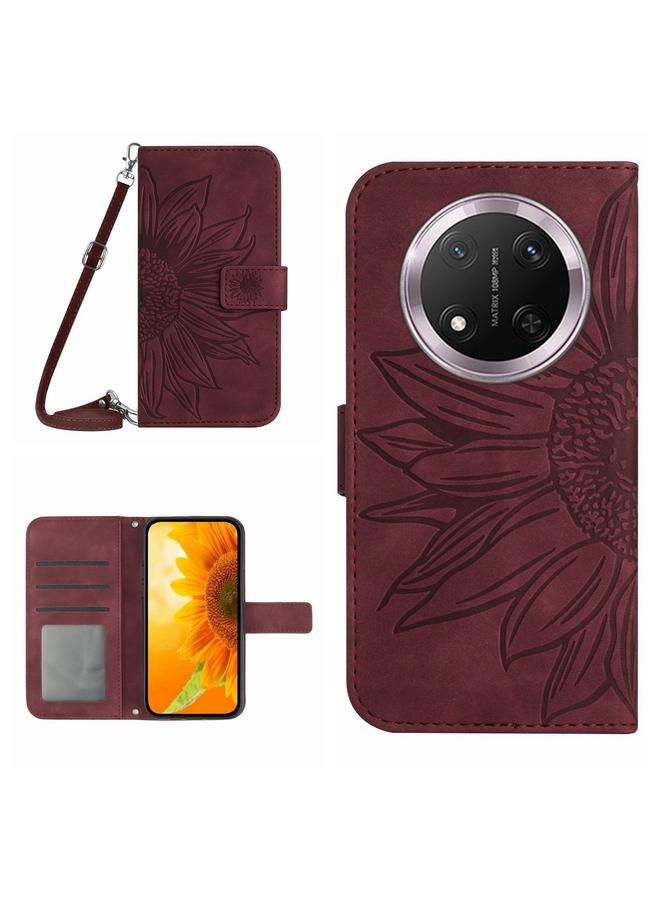 Green Tiger Case For Honor X9c Skin Feel Sun Flower Pattern Leather Phone Case with Lanyard - Image 1