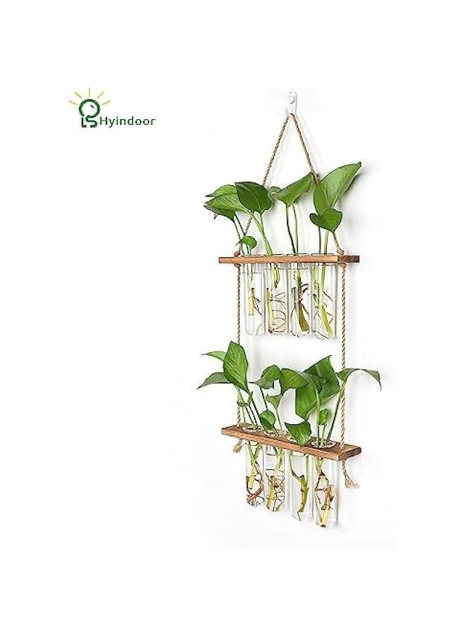 Generic HYINDOOR Wall Hanging Planter Terrarium 2 Tired Test Tube Vase Glass Planter Plant Propagation Station Plant Hangers of Rope with Wooden Stand and 8 Tubes for Hydroponic Plant Cutting  - Image 2