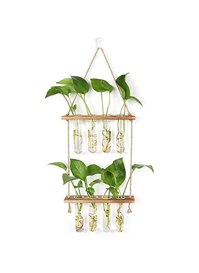 Generic HYINDOOR Wall Hanging Planter Terrarium 2 Tired Test Tube Vase Glass Planter Plant Propagation Station Plant Hangers of Rope with Wooden Stand and 8 Tubes for Hydroponic Plant Cutting  - Image 1