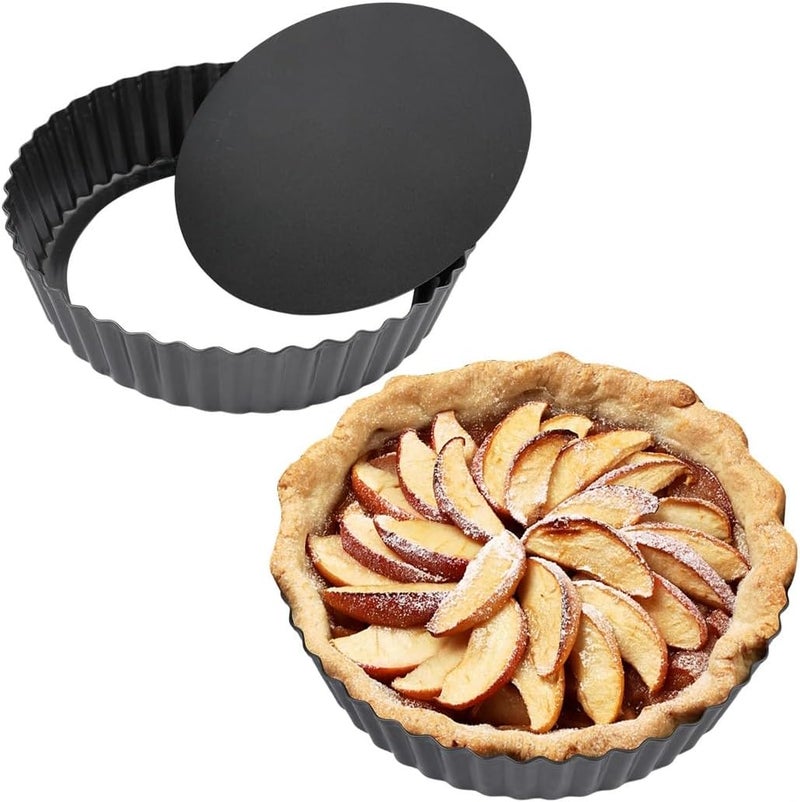 2 Packs Carbon Steel Baking Pan Dish, Fluted Round Tart Quiche Pie Pans, 9''/22.8 Cm Pie Pans with Removable Bottom, Easy to Use and Clean, Non-Stick Tart Pans - Image 1