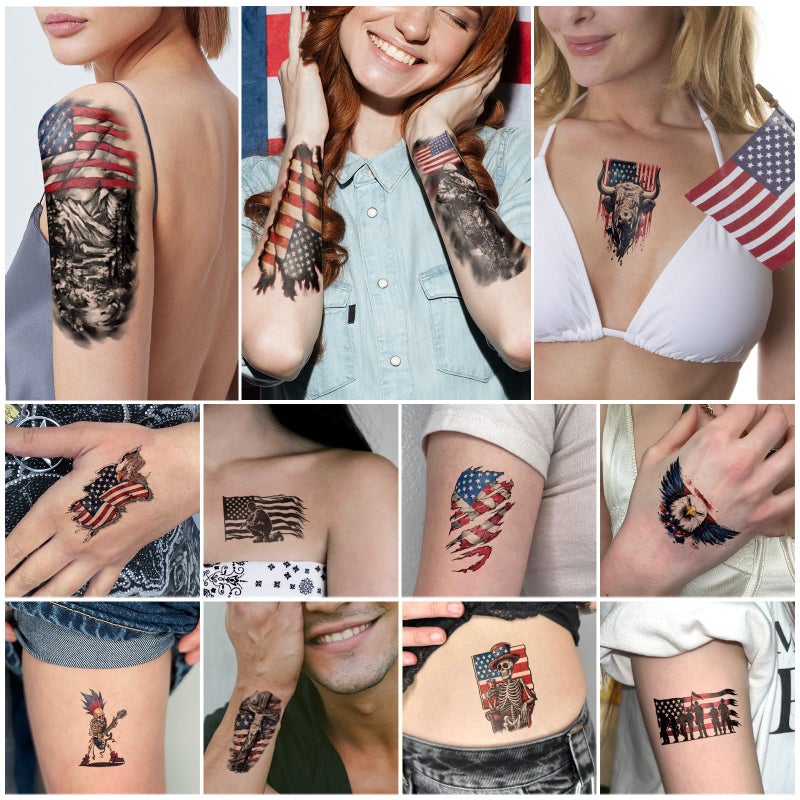 atydkug 77 Sheets Independence Day Temporary Tattoo for Women Men, 17 Half Arm 4th of July Fake Tattoos, 60 Tiny American Flag Eagle Dog Cat Cow Memorial Labor Day Patriotic Body Tattoos - Image 4