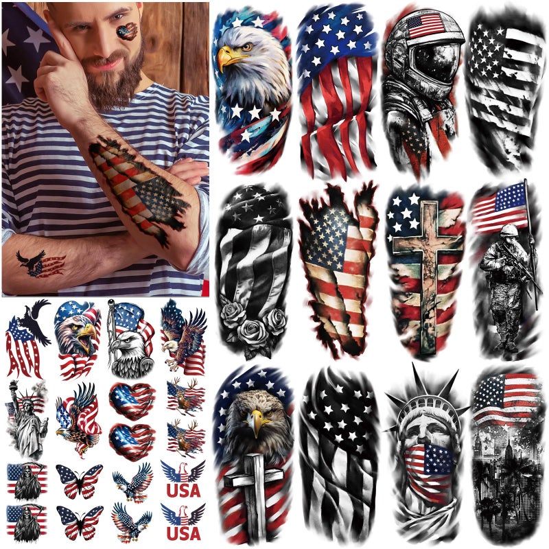 atydkug 77 Sheets Independence Day Temporary Tattoo for Women Men, 17 Half Arm 4th of July Fake Tattoos, 60 Tiny American Flag Eagle Dog Cat Cow Memorial Labor Day Patriotic Body Tattoos - Image 1