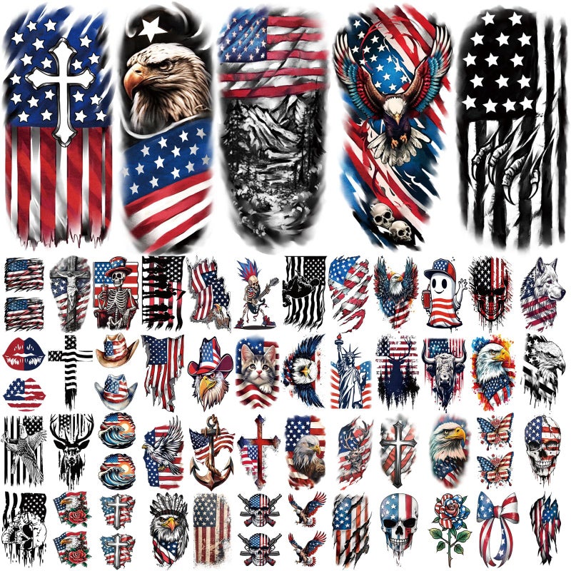 atydkug 77 Sheets Independence Day Temporary Tattoo for Women Men, 17 Half Arm 4th of July Fake Tattoos, 60 Tiny American Flag Eagle Dog Cat Cow Memorial Labor Day Patriotic Body Tattoos - Image 2