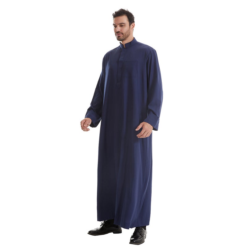 Men's Long Sleeve Stand Collar Ethnic Kurta with Patchwork Design, Lightweight Polyester Cotton Blend Pullover - Image 1