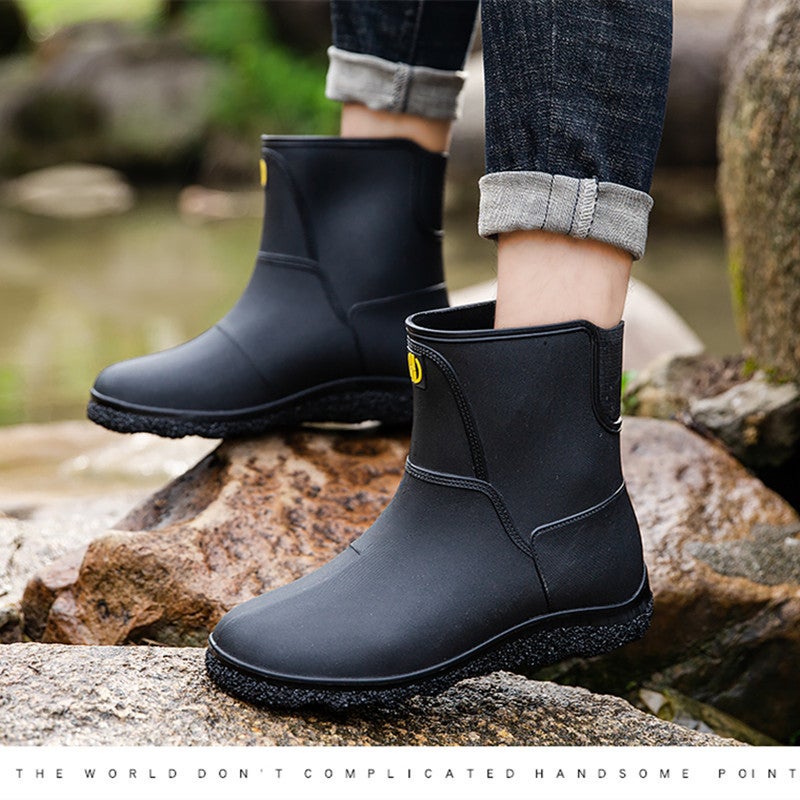 Mens Mid-Calf Rain Boots Non-Slip Durable Lined Work Black 
