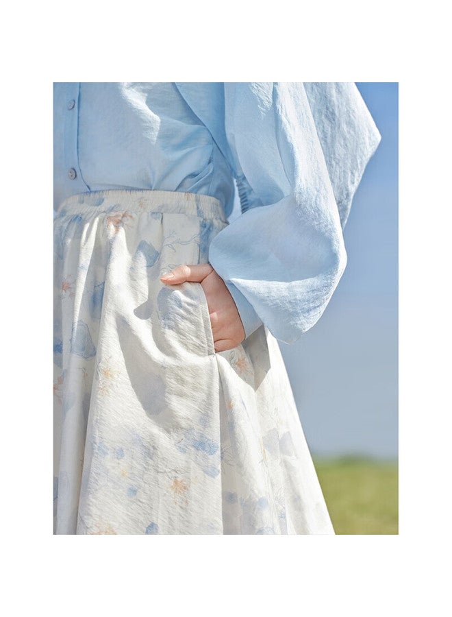Inman Tie-dye Printed Linen Skirt Summer Women's Elastic Waist Loose Hip-covering Slimming Skirt White Base Blue Flower L - Image 1