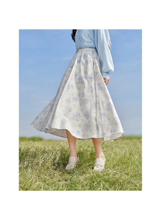 Inman Tie-dye Printed Linen Skirt Summer Women's Elastic Waist Loose Hip-covering Slimming Skirt White Base Blue Flower L - Image 2