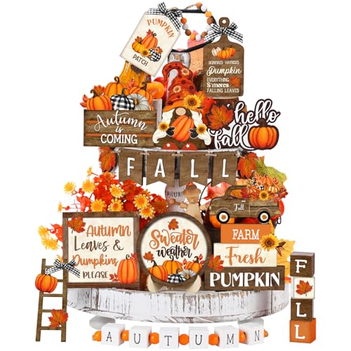 Maitys 21 Pcs Thanksgiving Tiered Tray Decor Set Fall Pumpkin Gnome Truck Scarecrow Wood Sign Rustic Farmhouse Decor Hello Fall Wood Bead Decorative Tabletop Sign for Autumn Thanksgiving DayVintage - Image 1