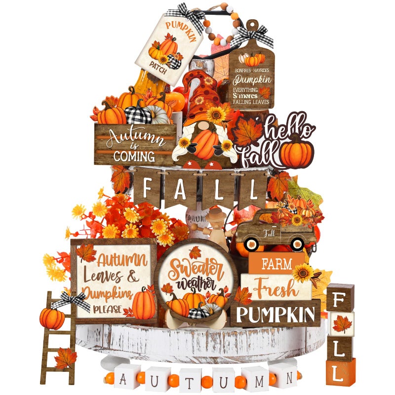 Maitys 21 Pcs Thanksgiving Tiered Tray Decor Set Fall Pumpkin Gnome Truck Scarecrow Wood Sign Rustic Farmhouse Decor Hello Fall Wood Bead Decorative Tabletop Sign for Autumn Thanksgiving DayVintage - Image 2