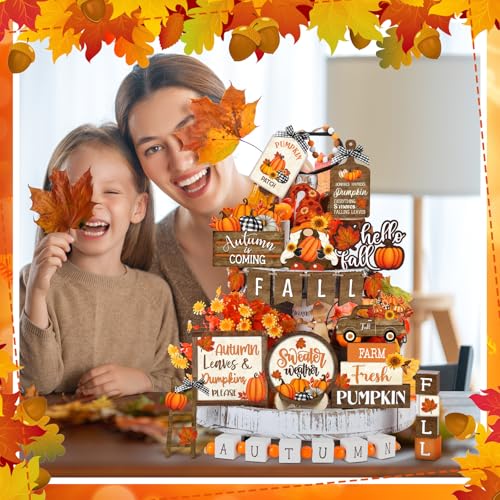 Maitys 21 Pcs Thanksgiving Tiered Tray Decor Set Fall Pumpkin Gnome Truck Scarecrow Wood Sign Rustic Farmhouse Decor Hello Fall Wood Bead Decorative Tabletop Sign for Autumn Thanksgiving DayVintage - Image 3