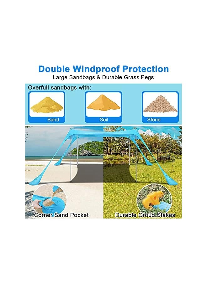 PROMASS Beach Tent Sunshade With Sand Anchor Sun Shelter Canopy Portable Anti-Wind Upf 50+ Tent With 4 Foldable Aluminum Poles For 6-8 Person Outdoor Camping Fishing Backyard Picnic (10X10 Ft, Blue)  - Image 4