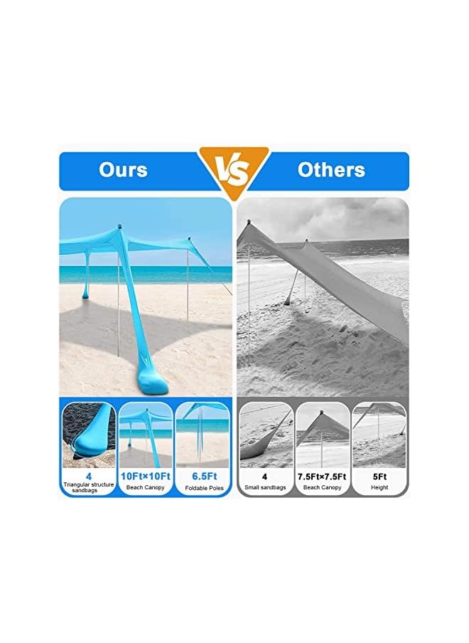 PROMASS Beach Tent Sunshade With Sand Anchor Sun Shelter Canopy Portable Anti-Wind Upf 50+ Tent With 4 Foldable Aluminum Poles For 6-8 Person Outdoor Camping Fishing Backyard Picnic (10X10 Ft, Blue)  - Image 2