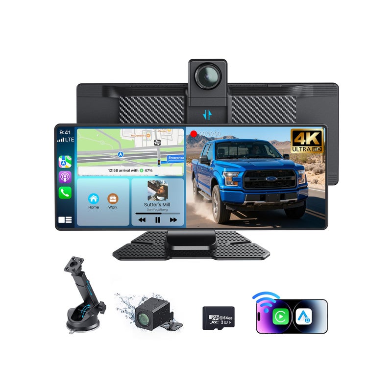Missee 10.26" Portable Carplay Screen for Car, 4K HD Car Stereo Touch Screen with Apple CarPlay and Android Auto, 4K Dash Cam, 1080P Backup Camera, Mirror Link, Voice Control, Bluetooth, GPS, AUX/FM - Image 1