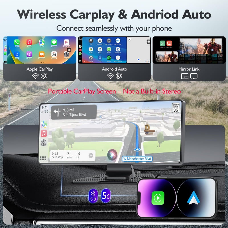 Missee 10.26" Portable Carplay Screen for Car, 4K HD Car Stereo Touch Screen with Apple CarPlay and Android Auto, 4K Dash Cam, 1080P Backup Camera, Mirror Link, Voice Control, Bluetooth, GPS, AUX/FM - Image 2