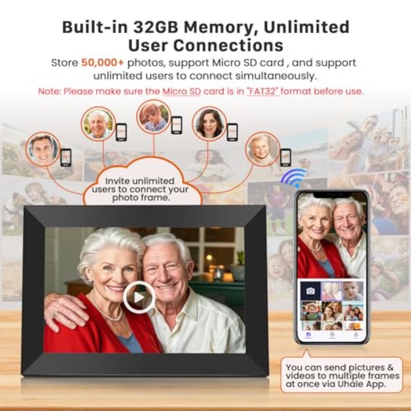 إطار صورة رقمي واي فاي 10.1 بوصة، شاشة لمس IPS عالية الدقة 1280x800، إطار صور ذكي إلكتروني مع تخزين 32 جيجابايت، تدوير تلقائي، مشاركة الصور/مقاطع الفيديو على الفور عبر تطبيق Uhale من أي مكان - Image 3