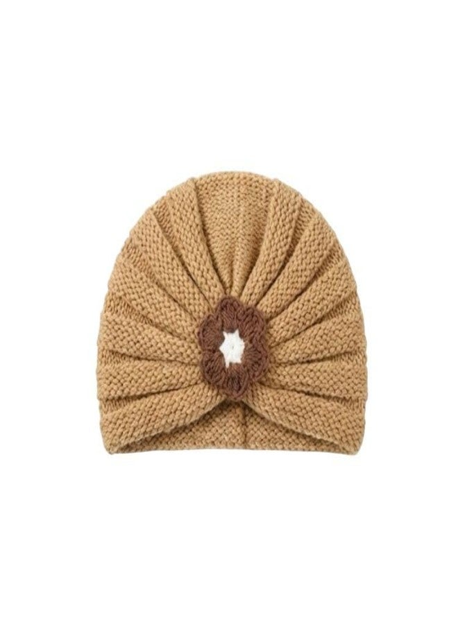 FAMWRAPZ Cozy Knit Baby Turban Hat | Infant Girl Toddler Headwrap Beanie with Flower | Soft Stretch Wool for 3-24 Months | Newborn Photo Prop & Shower Gift - Brown - Image 1