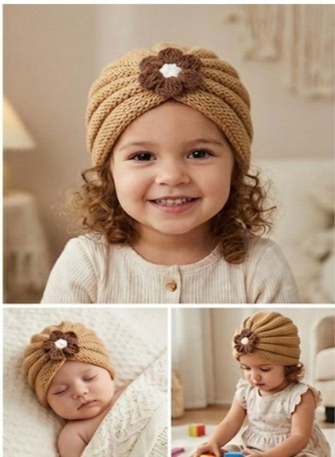 FAMWRAPZ Cozy Knit Baby Turban Hat | Infant Girl Toddler Headwrap Beanie with Flower | Soft Stretch Wool for 3-24 Months | Newborn Photo Prop & Shower Gift - Brown - Image 3