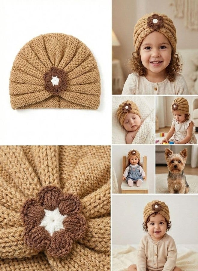 FAMWRAPZ Cozy Knit Baby Turban Hat | Infant Girl Toddler Headwrap Beanie with Flower | Soft Stretch Wool for 3-24 Months | Newborn Photo Prop & Shower Gift - Brown - Image 2