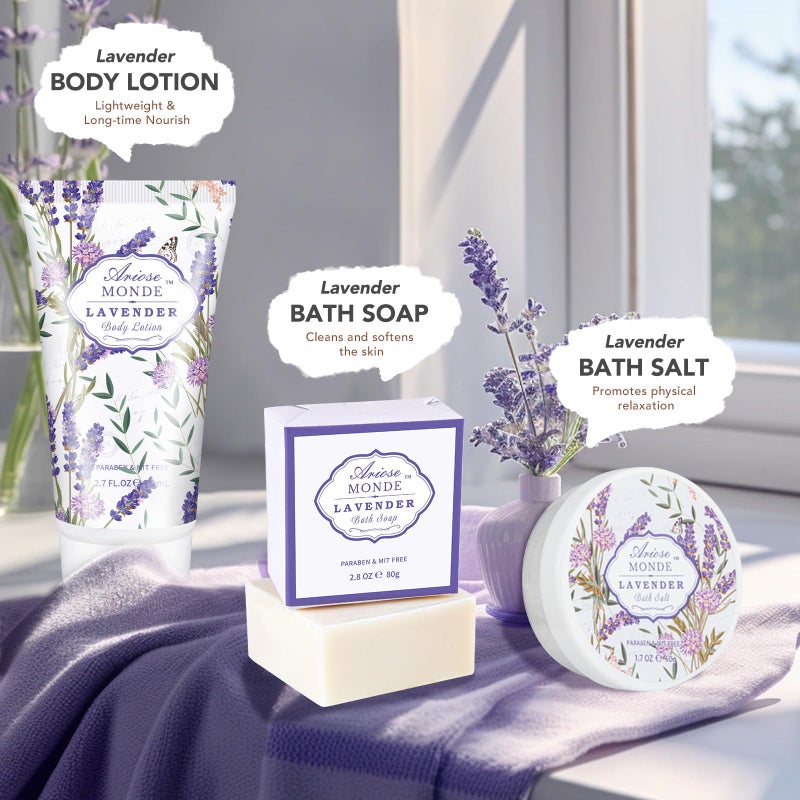 ArioseMonde مجموعة هدايا سلة حمام سبا، برائحة اللافندر والياسمين، مجموعة سلة هدايا سبا منزلية للنساء، تتضمن غسول الجسم، جل الاستحمام، أملاح الاستحمام، حمام الفقاعات، رذاذ الجسم، صابون الاستحمام، كرة الاستحمام - Image 4