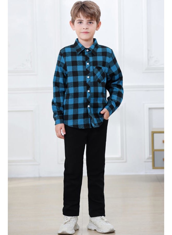 Betusline Men & Boys Plaid Flannel Snap Shirts Long Sleeve Button Down Casual Shirts, C# Black+blue, 18-24 Months - Image 3