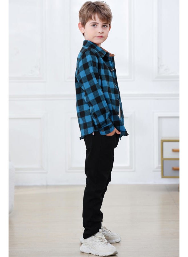 Betusline Men & Boys Plaid Flannel Snap Shirts Long Sleeve Button Down Casual Shirts, C# Black+blue, 18-24 Months - Image 4