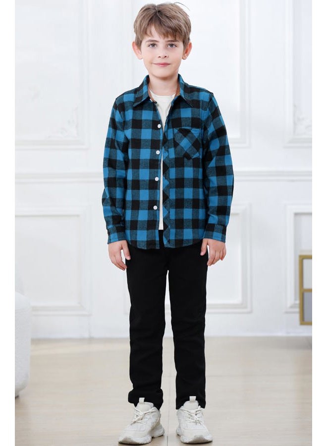 Betusline Men & Boys Plaid Flannel Snap Shirts Long Sleeve Button Down Casual Shirts, C# Black+blue, 18-24 Months - Image 2
