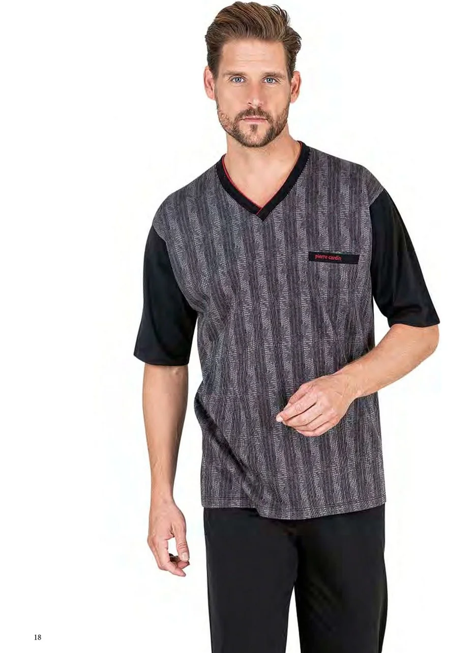 بيير كاردان 6052 Men's Short Sleeve Jacquard 3-Piece Pajama Set-Black