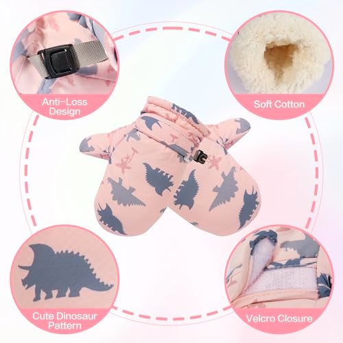Fynnsure Toddler Mittens Baby Waterproof Snow Gloves Kids Ski Snow Gloves Cold Weather Mittens for Boys Girls Pink Dinosaur 2-4 Years - Image 2