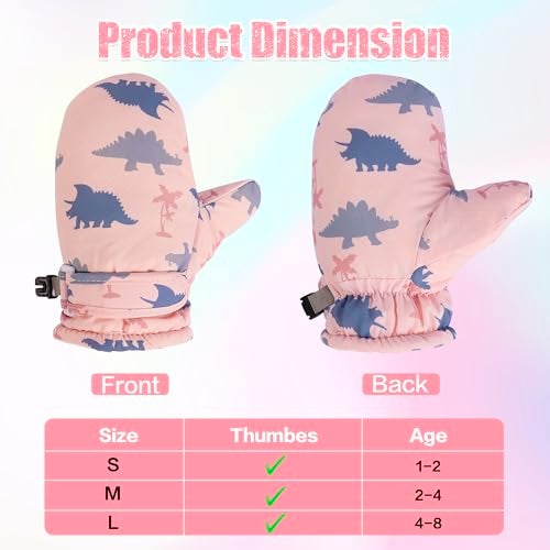 Fynnsure Toddler Mittens Baby Waterproof Snow Gloves Kids Ski Snow Gloves Cold Weather Mittens for Boys Girls Pink Dinosaur 2-4 Years - Image 4