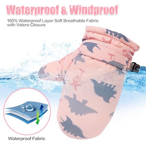 Fynnsure Toddler Mittens Baby Waterproof Snow Gloves Kids Ski Snow Gloves Cold Weather Mittens for Boys Girls Pink Dinosaur 2-4 Years - Image 3