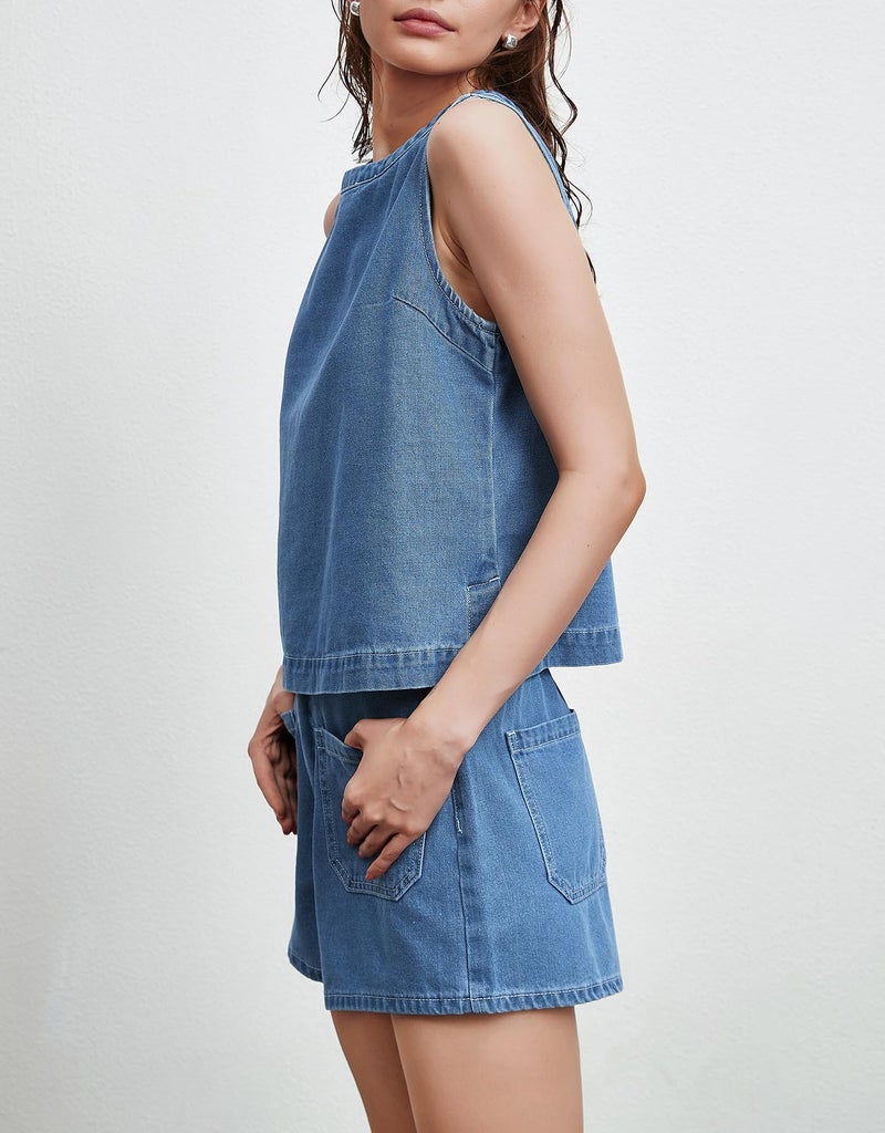 Kedera 2 Piece Denim Jean Outfit Women Sleeveless Boxy Tank Tops Shirts and Shorts Lounge Sets Pajama Sets - Image 4
