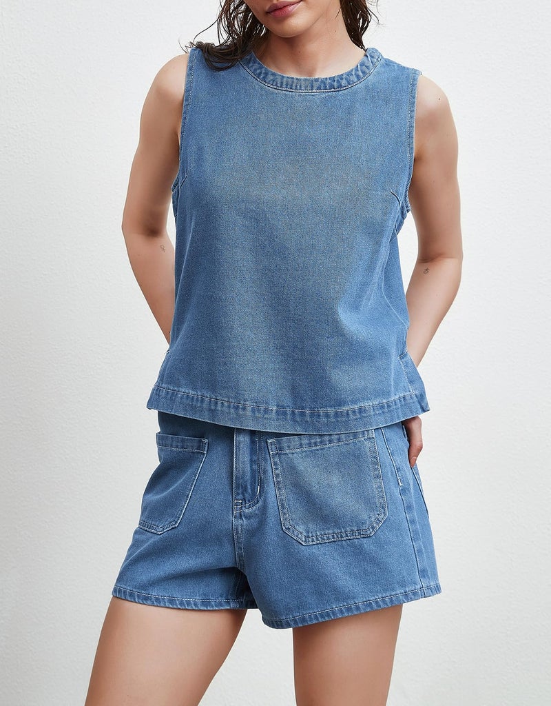 Kedera 2 Piece Denim Jean Outfit Women Sleeveless Boxy Tank Tops Shirts and Shorts Lounge Sets Pajama Sets - Image 3