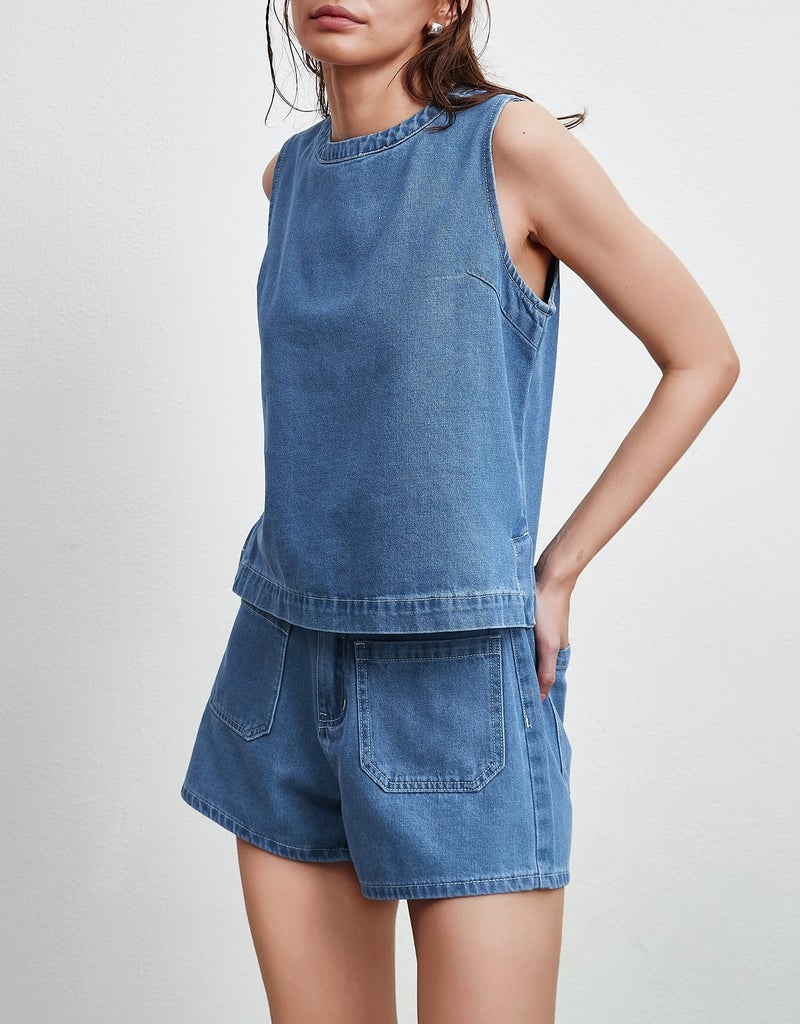 Kedera 2 Piece Denim Jean Outfit Women Sleeveless Boxy Tank Tops Shirts and Shorts Lounge Sets Pajama Sets - Image 5