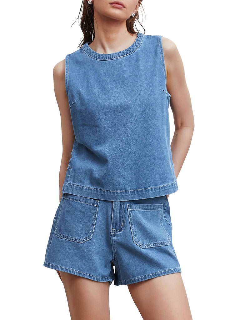 Kedera 2 Piece Denim Jean Outfit Women Sleeveless Boxy Tank Tops Shirts and Shorts Lounge Sets Pajama Sets - Image 1