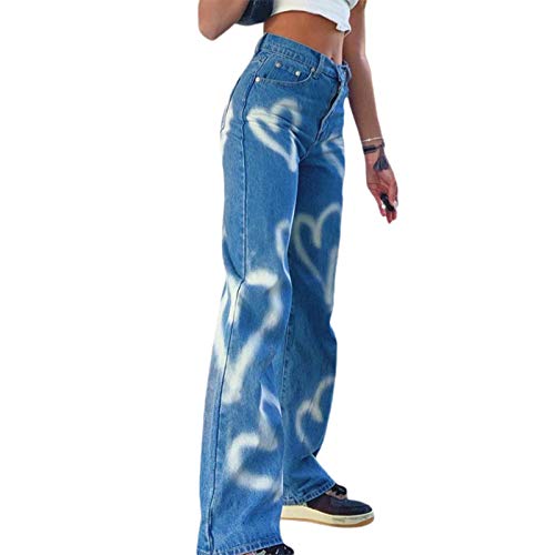 HBER Heart Print Jeans for Women Fashion Wide Leg High Waist Denim Pants Boyfriend Jeans Loose Fit Vintage Jeans for Teen Girls - Image 1