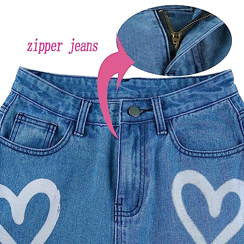 HBER Heart Print Jeans for Women Fashion Wide Leg High Waist Denim Pants Boyfriend Jeans Loose Fit Vintage Jeans for Teen Girls - Image 5