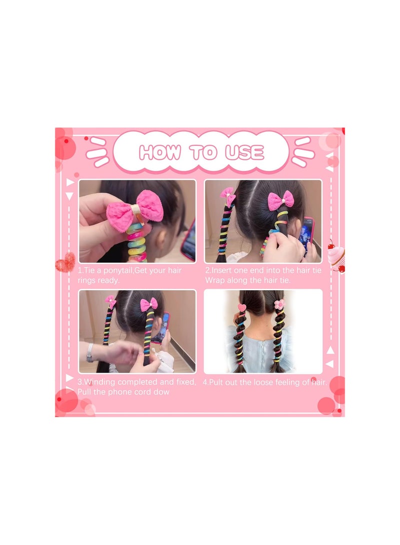 SYOSI "9 Pcs Colorful Telephone Wire Hair Bands, Bowknot Braided Flower Telephone Cord Hair Ties, Ponytail Holder Phone Cord Spiral Hair Ties for Kids, Thick, Thin, Curly, Straight, Medium Hair " - Image 2