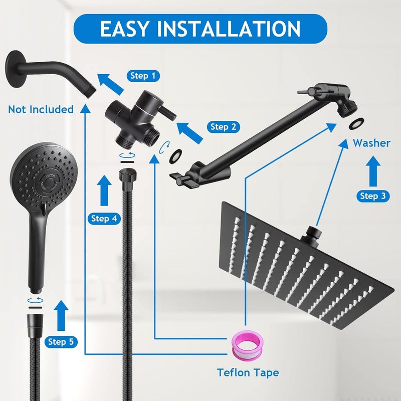 PinWin High/Low Pressure Water Rain Shower Head with 11 Inch Adjustable Extension Arm and 5 Settings Handheld Shower Head Combo,Powerful Shower Spray - Matte Black, 12 Inch - Image 5