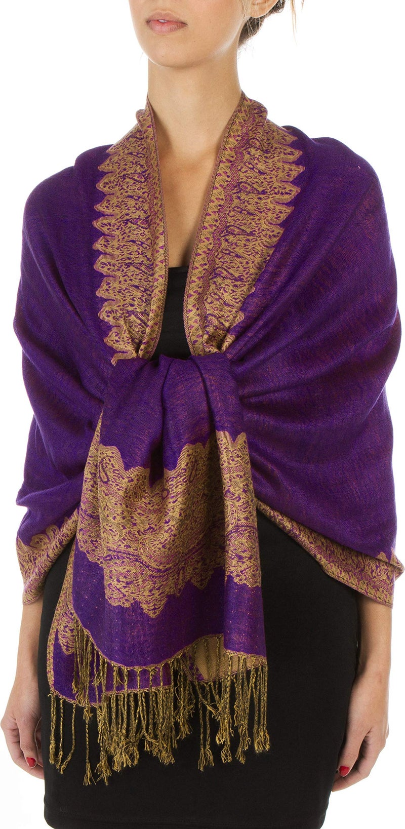 Sakkas Border Pattern Layered Reversible Woven Pashmina Shawl Scarf Wrap Stole - Purple - Image 1