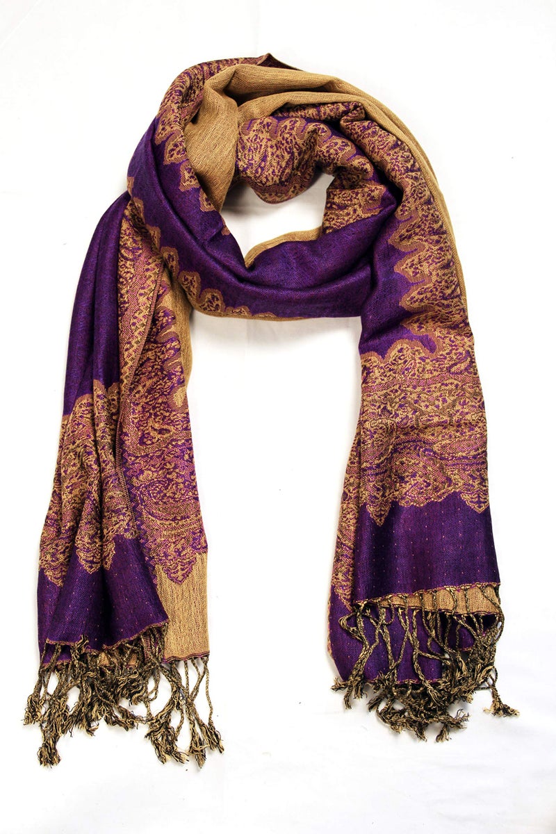 Sakkas Border Pattern Layered Reversible Woven Pashmina Shawl Scarf Wrap Stole - Purple - Image 3