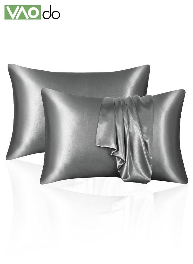 VAOdo 2 Silk Pillowcase Set Soft Breathable (Queen Size 51*102CM, Dark Grey)  - Image 2