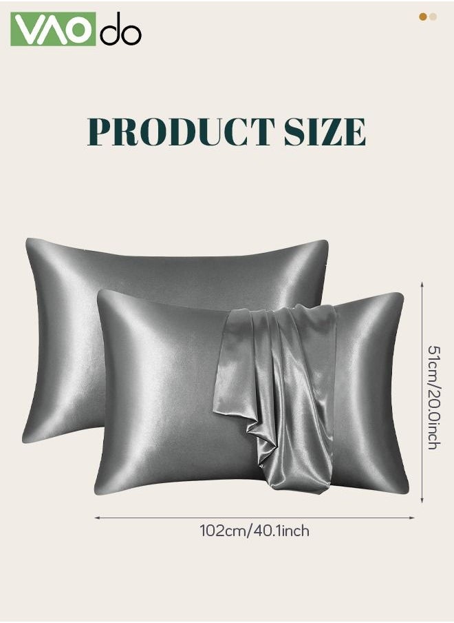 VAOdo 2 Silk Pillowcase Set Soft Breathable (Queen Size 51*102CM, Dark Grey)  - Image 3