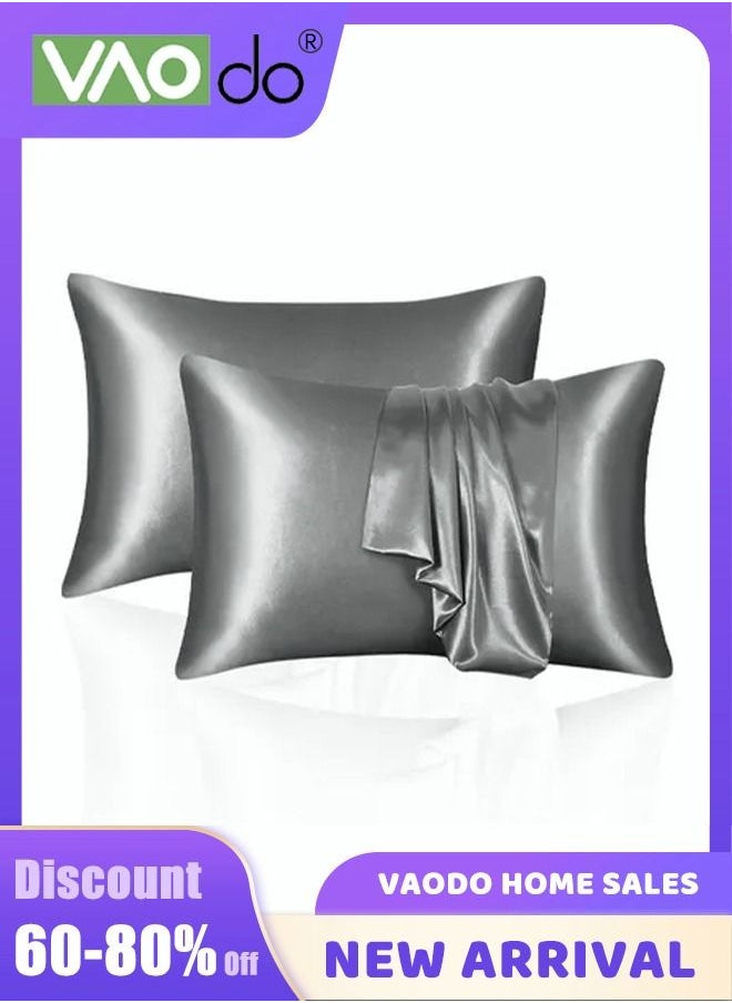 VAOdo 2 Silk Pillowcase Set Soft Breathable (Queen Size 51*102CM, Dark Grey)  - Image 1